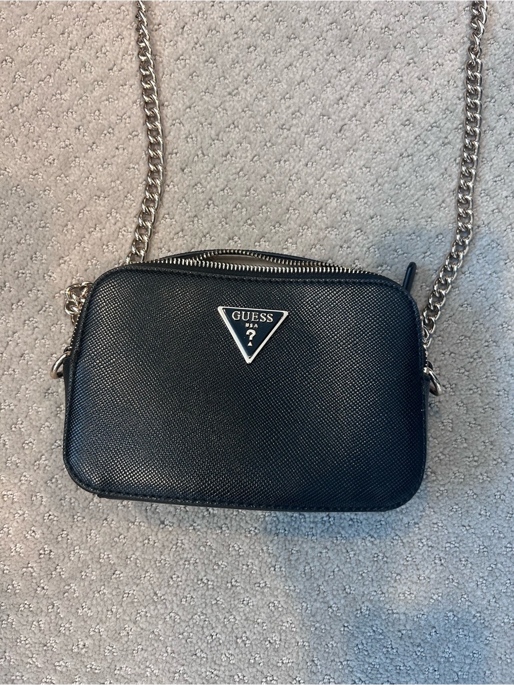 GUESS Black Saffiano Crossbody with Silver Chain